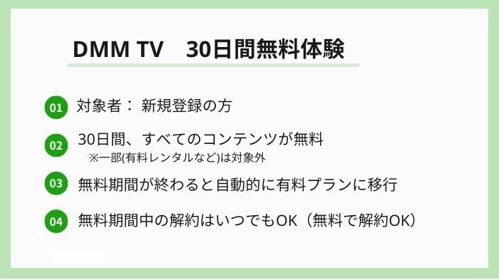 DMM TV　30日間無料体験の内容