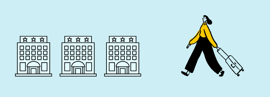 hotelとそこに向かう人のイラスト
