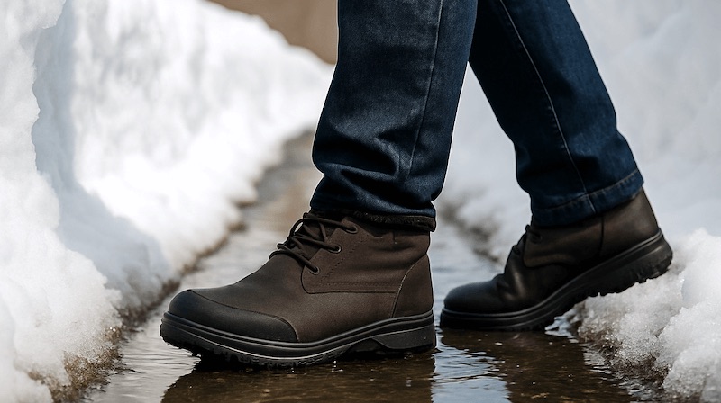 冬の濡れた道を歩く